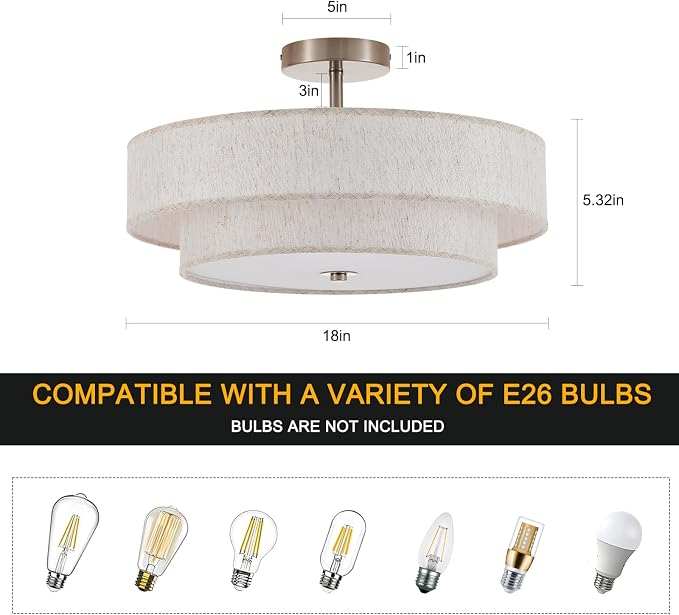 18" Chrome Semi Flush Mount Ceiling Light, 3-Light Drum Fixture | Widluth 18" Chrome Semi Flush Mount Ceiling Light, 3-Light Drum Fixture