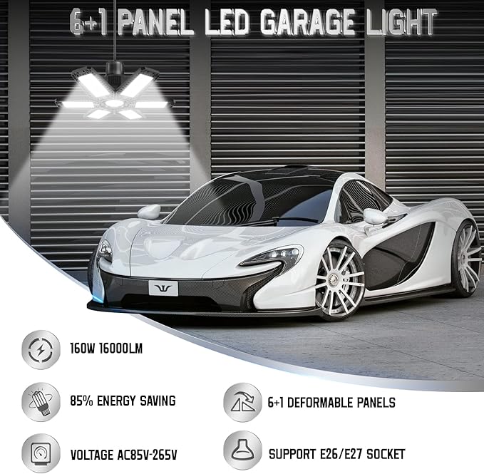 Garage Light 4 Pack 160W, 16000LM LED Lights for Garage with 6+1 Deformable Panels 6500K Screw in LED Shop Lighting for Workshop, Basement Support E26/E27