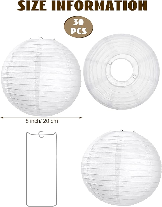 Treela 30 Pack White Chinese Japanese Paper Lanterns Decorative Hanging Ball Round Paper Lantern Lamps for Wedding Birthday Party Home Decorations(8 Inch)