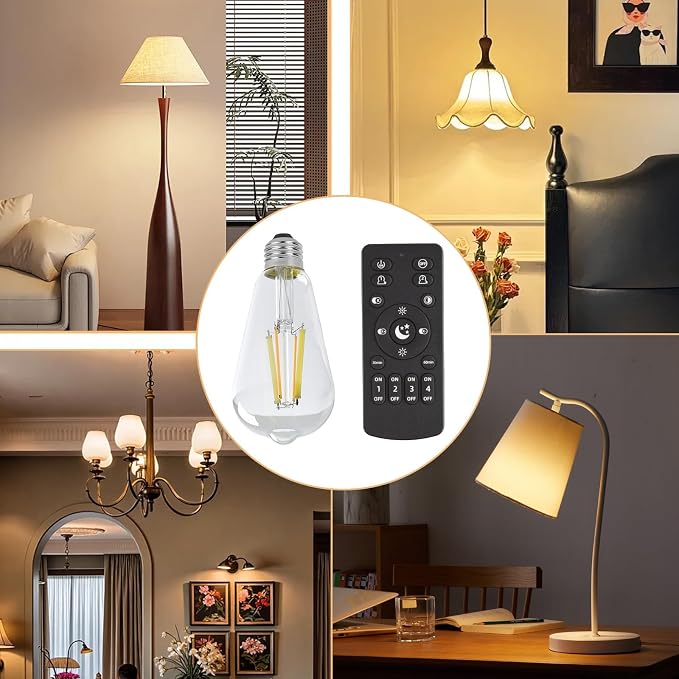 Smart LED Light Bulbs,Remote Control Light Bulb,ST64 Vintage Edison Bulbs with Remote Control,800LM 6W (60W Equivalent),E26 Base,Dimmable 2700K-6500K, 2-Pack(2 Bulbs+1 Remote)