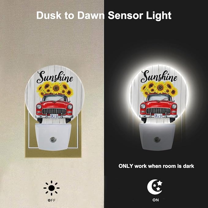 EKOBLA Autumn Harvest Night Light Red Car Truck with Sunflowers Plug in Nightlights Dusk to Dawn Sensor LED Lighting for Bedroom Bathroom Stairway Kitchen Home Decor