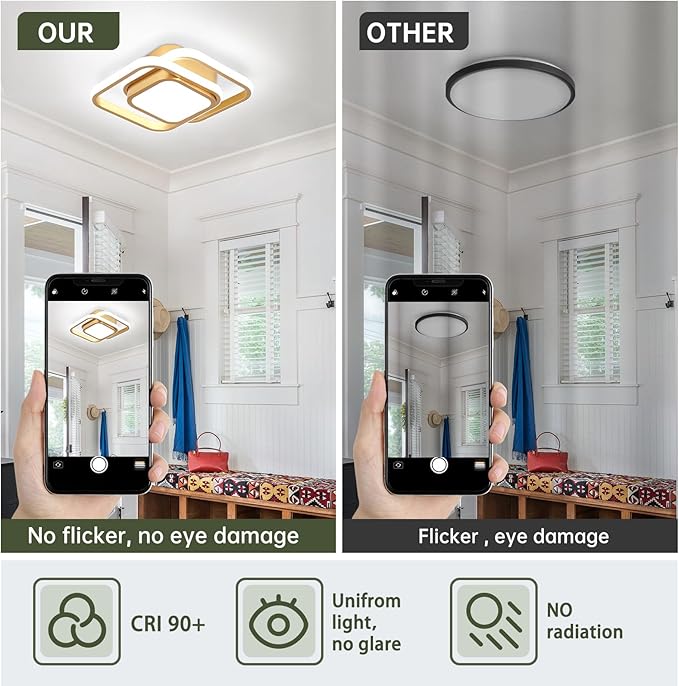 2 Packs Modern Led Ceiling Light Acrylic Square Small Ceiling Lamp Cool White 6000K Hallway Lighting Fixtures for Bedroom Kitchen Living Room Study Hallway Small Asile Lamp Corridor Lights (Gold)