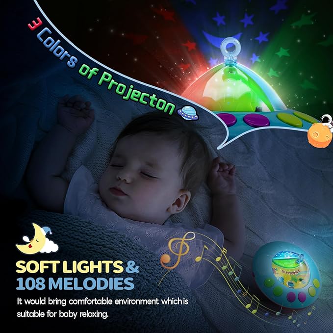 Baby Musical Crib Mobile with Hanging Rotating Toys, Remote Control, Lights Projector Function Music Box, Cartoon Rattles for Babies Boy Girl 0-24 Months, Newborn Sleep with 108 Melodies (Plane)