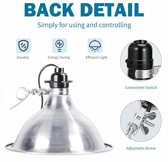 EP Clamp Lamp Light with Detachable 8.5 Inch Aluminum Reflector, 150 Watt E26 Socket (No Bulb Included), 6 Foot 18/2 SPT-2 Cord Cord, 1 Pack