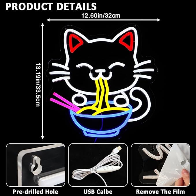 Fortune Cat Ramen Neon Sign for Wall Decor, Japanese Lucky Cat Led Signs for Business, USB Dimmable Cartoon Cat Neon Lights for Noodles Shop Kitchen Home Pub Dinning Room Restaurant Wall Art