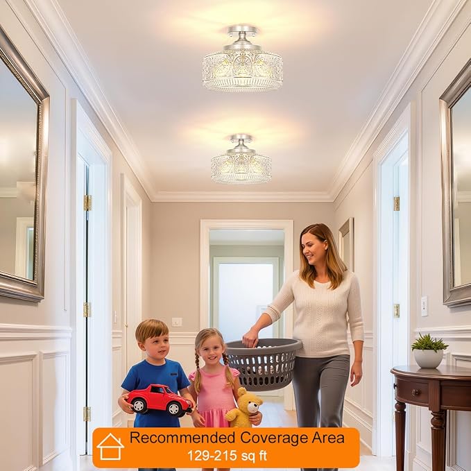 Brushed Nickel Semi Flush Mount Ceiling Light, 3-Light Vintage Ceiling Light Fixture, Hallway Lighting Fixture with Thickened Glass, 12In Kitchen Ceiling Mount Light for Entryway Bathroom, E12*3