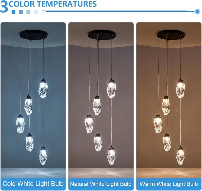 5-Light Modern Crystal Chandelier Dimmable Pendant Light Fixture with Black Teardrop Design Diamond Pendant Lighting for Kitchen Island, Dining Room, Hallway, Bathroom