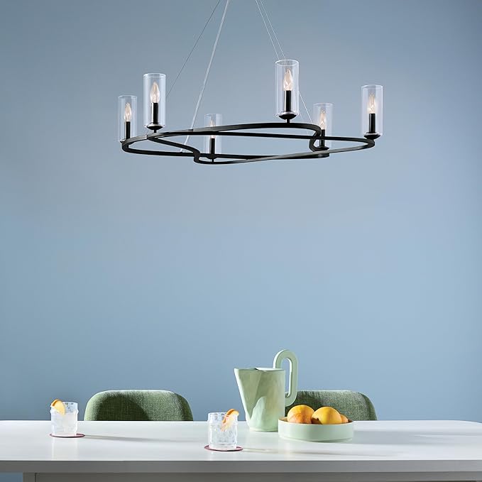 Kichler Harpin 6-Light Chandelier, Sloped Ceiling Compatible, for Dining Room or Living Room with Clear Glass in Black (8.5" x 37.75"), 52771BK