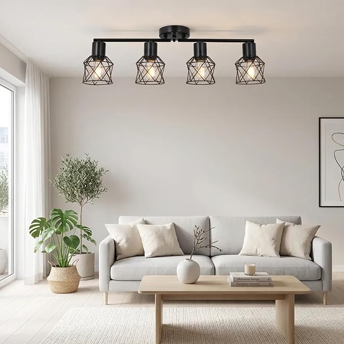 SOTTAE 4-Light Track Ceiling Light, Black Metal Birdcage Semi Flush Mount Ceiling Light, Adjustable Multi-Directional Spot Light, Farmhouse Ceiling Lamp for Living Room Kitchen Dining Bedroom Hallway
