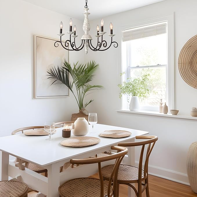 French Country Chandelier,6 Lights Farmhouse Chandelier Dining Room Distressed White Wood Chandeliers with Black Metal Arm,Rustic Candle Ceiling Chandelier for Living Room Bedroom