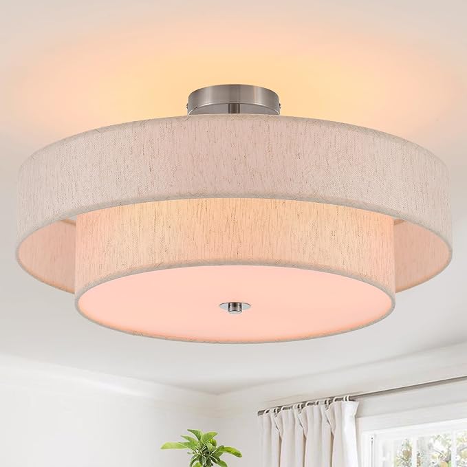 21.7" Large Chrome Flush Mount Ceiling Light, Linen 4-Light Fixture | Beige Linen Double Drum Shade, Modern For Bedroom, Living Room, Kitchen, Dining Room, Nursery,Close-To-Ceiling, E26, Dimmable