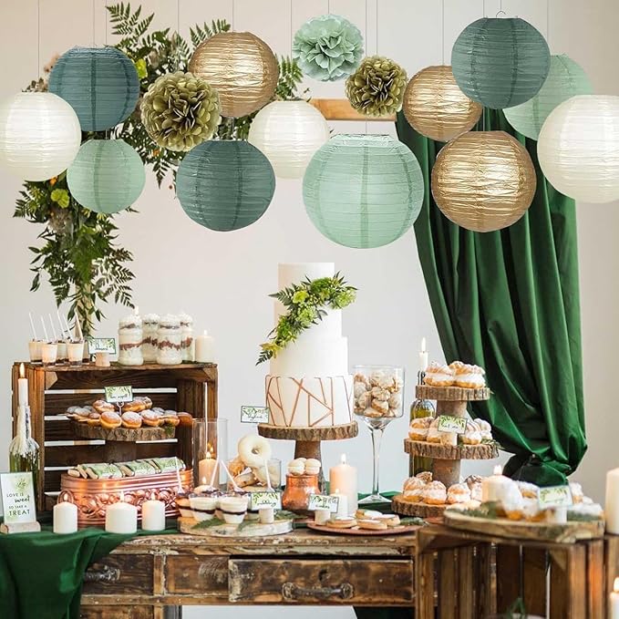Green White Gold Paper Lanterns, 12Pcs Chiese Lanterns for Birthday Baby Shower Gender Reveal Wedding Party Decoration