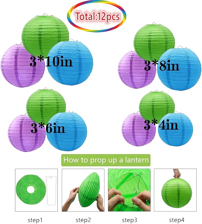 Blue Green and Purple Paper Lanterns 12Pcs Hanging Round Paper Lanterns Decorative for Graduation Baby Shower Wedding Birthday Family Parties ﻿