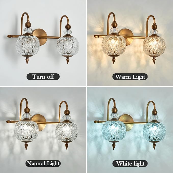 Piepooye Vintage Bathroom Light Fixtures Gold Vanity Light with Glass Globe LampShade 2 Lights Mid Century G9 Bulb Wall Sconce Indoor Vanity Light Over Mirror for Bedroom Farmhouse Hallway