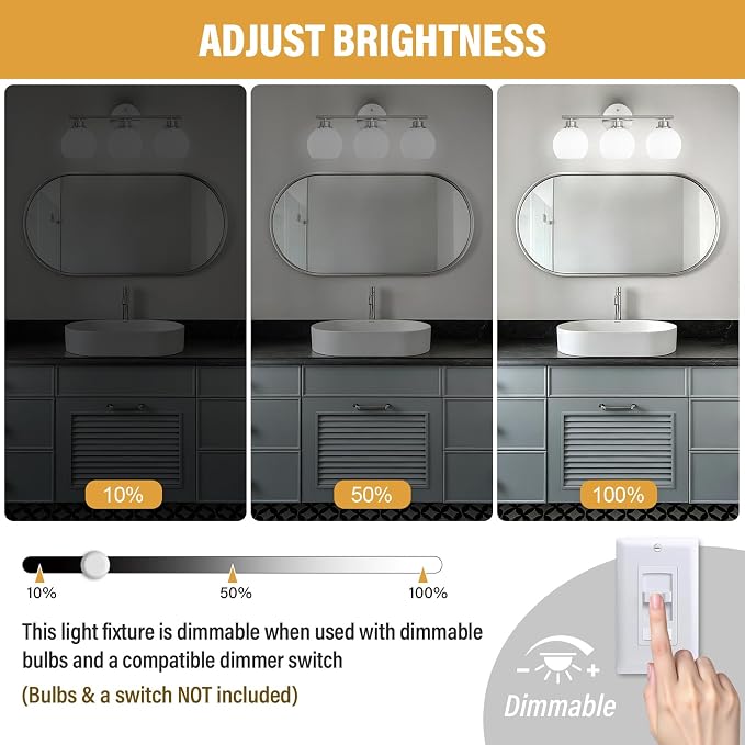 Brushed Nickel Bathroom Light Fixtures, 3-Light Vanity Light Over Mirror | Modern Bathroom Lighting Over Mirror, Wall Sconces, Milky White Globe Glass Shades, E26 Socket,ETL Listed