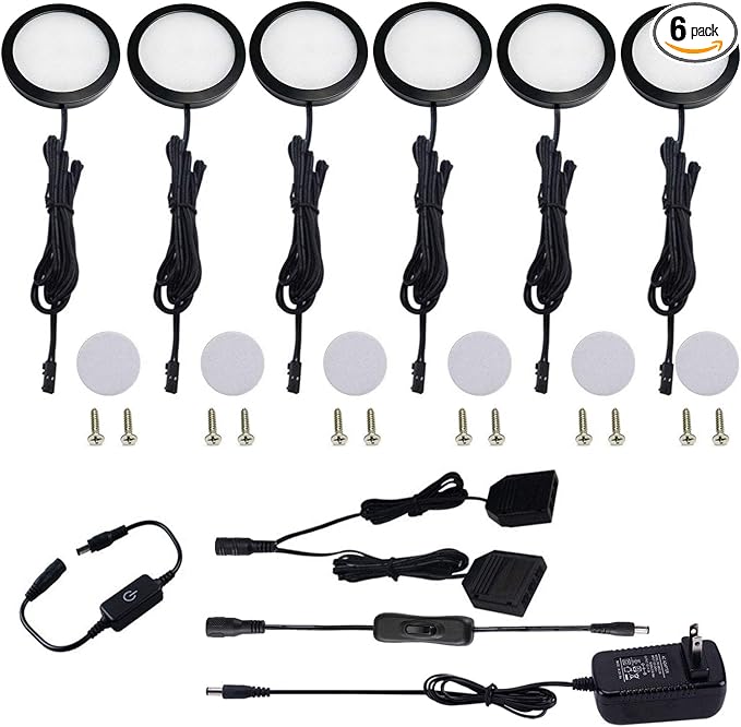 AIBOO Under Cabinet LED Black Cover Puck Lighting Kit with Touch Dimmer Switch for Kitchen Cupboard Closet Lighting (6 Lights,Daylight White)