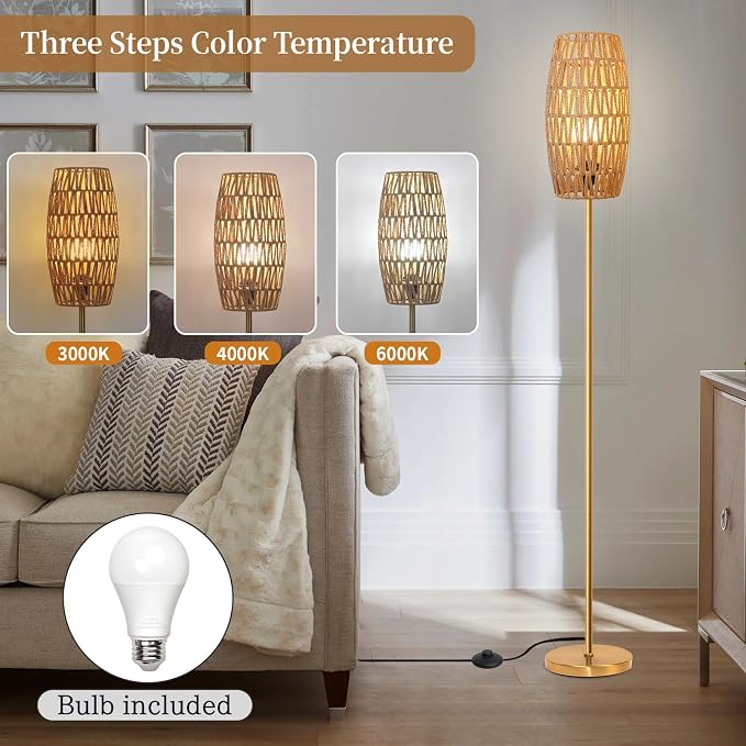 Ruiever Floor Lamp for Living Room,Farmhouse Floor lamp,Modern Standing lamp with Hand-Worked Rattan Shade (Drum Rattan Shade Body Gold Color-3 Color Bulb)