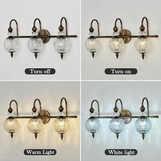 Piepooye Vintage Bathroom Light Fixtures Bronze Vanity Light with Glass Globe LampShade 3 Lights Mid Century G9 Bulb Wall Sconce Indoor Vanity Light Over Mirror for Bedroom Farmhouse Hallway