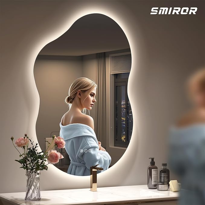 SMIROR 24x36 Irregular Backlit Led Lighted Bathroom Vanity Mirror | Asymmetrical, Cloud Shape, Anti-Fog, 3 Colors, Dimmable, Memory, Tempered Glass, UL