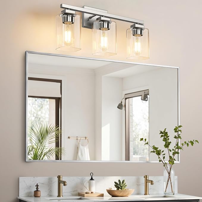 19” Bathroom Light Fixtures, 3-Light Vanity Light Brushed Nickel | Square Clear Glass & Durable Metal, Quick & Easy Installation, Standard E26 Socket, Bright Bathroom Lighting
