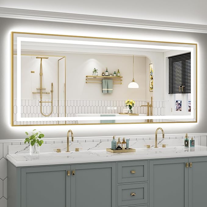 88x38 Inch LED Bathroom Mirror with Gold Frame, Backlit & Front Lit | Anti-fog, 3 Color Dimmable, Memory Function, HD Reflection Tempered Glass, ETL Listed, IP54 Waterproof