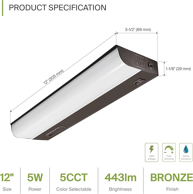 ASD 12 Inch Hardwired LED Under Cabinet Light, On/Off & 5CCT Switch 2700K-5000K, 5W 442LM CRI90+, Direct Wire Low Profile Linkable Fixture, Dimmable Under Counter Kitchen Lighting, Bronze, UL