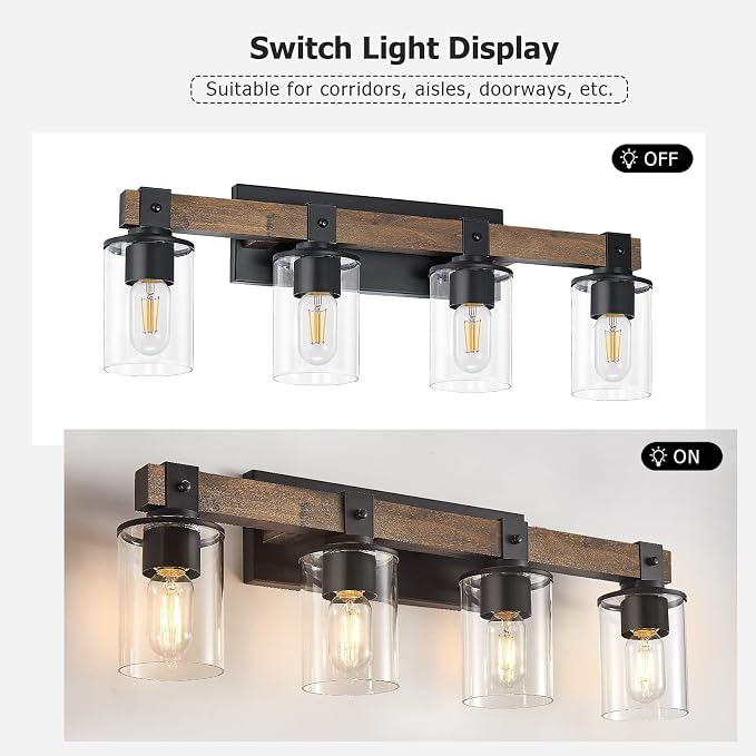 DUJAHMLAND Farmhouse Vanity Light Fixture, Industrial 4-Light Wood Wall Sconce Bathroom Vanity Lighting with Clear Glass Lights Shade,for Hallway,Kitchen,Bedroom(Antique Wood, 4-Light)
