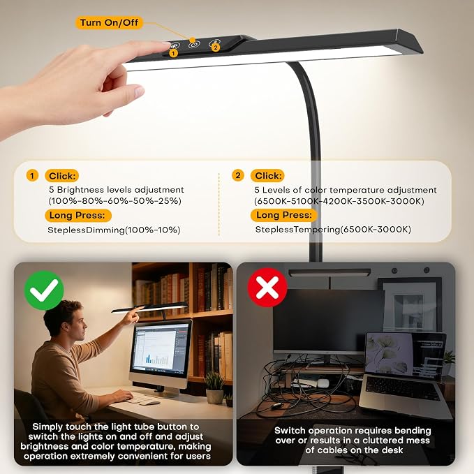 LED Desk Lamp for Office Home, Stepless Dimming Architect Desk Light with DC Adapter, Eye-Caring Desk Lamp with Clamp, 25 Lighting Modes Adjustable 12.8in Flexible Gooseneck for Workbench(Black)