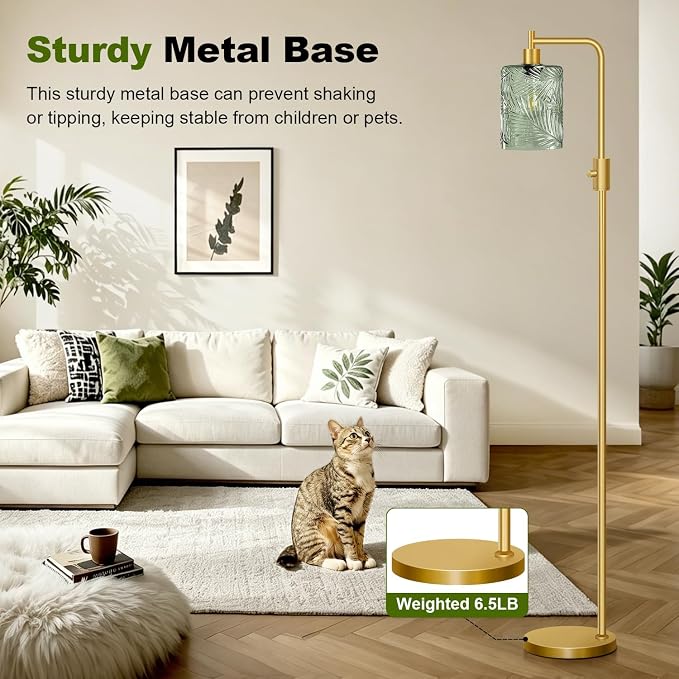 【Upgraded】 Dimmable Floor Lamp for Living Room with Green Feather Glass Lampshade, Gold Modern Floor Lamp with 900LM LED Bulb Included, Arc Standing Tall Lamp for Bedroom, Office, Reading Room, Corner