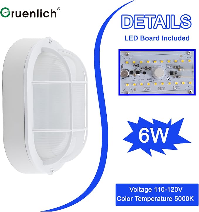 GRUENLICH LED Bulkhead Light Fixture, Aluminum Outdoor Wall Lantern, 8.5" | Oval Exterior Porch Light Wall Sconce for House Walkway Nautical Sauna, Dimmable 6W 600 Lumen, Glass, 5000K, White, 1 Pack