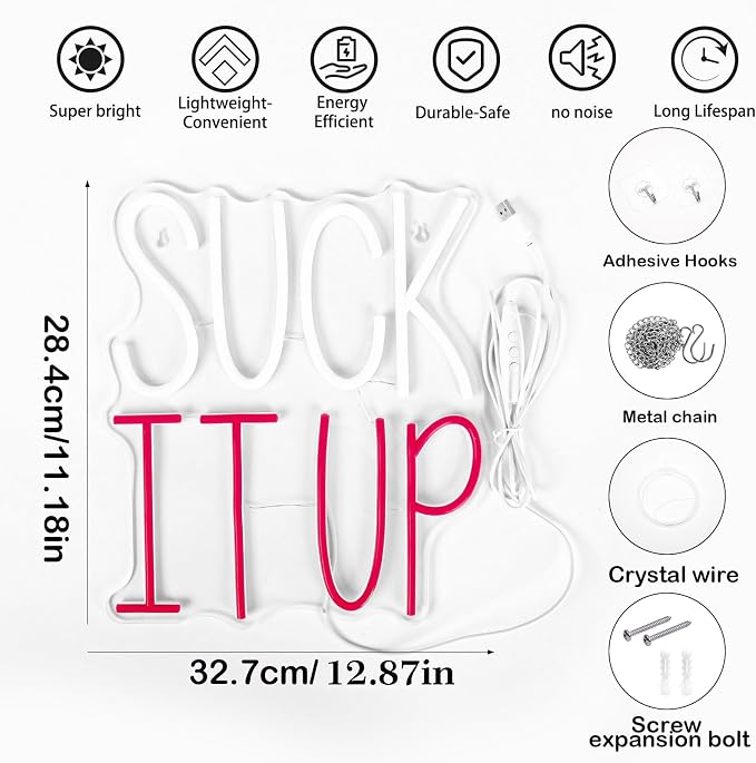 Suck It Up Neon Sign Dimmable LED Funny Game Room Bar Man Cave Decor | Bold Attitude Quote Design Creates a Fun Atmosphere for Pub Garage Basement Office Bedroom Party Entertainment Spaces