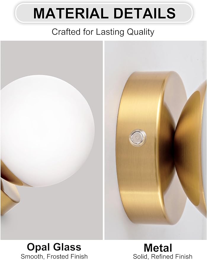 Battery Operated Rechargeable Wall Sconce Single, Brushed Gold Opal Glass Globe Wall Lamp, Wireless Touch & Remote Control, Dimmable 3 CCT + 12 RGB Colors for Bedroom Living Room Hallway