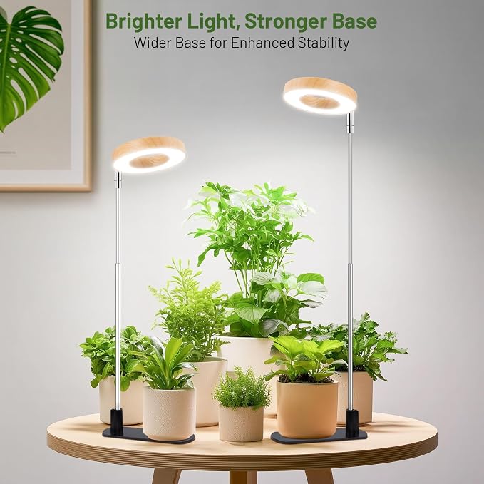 LBW Grow Lights for Indoor Plants, Full Spectrum Halo Grow Light with Base | 48 LEDs Bamboo Grain For Small Plant, Base/Soil Stake, 7.8-26" Adjustable, 6/8/12/16H Timer, 3 Color, 5 Brightness, 2 Packs