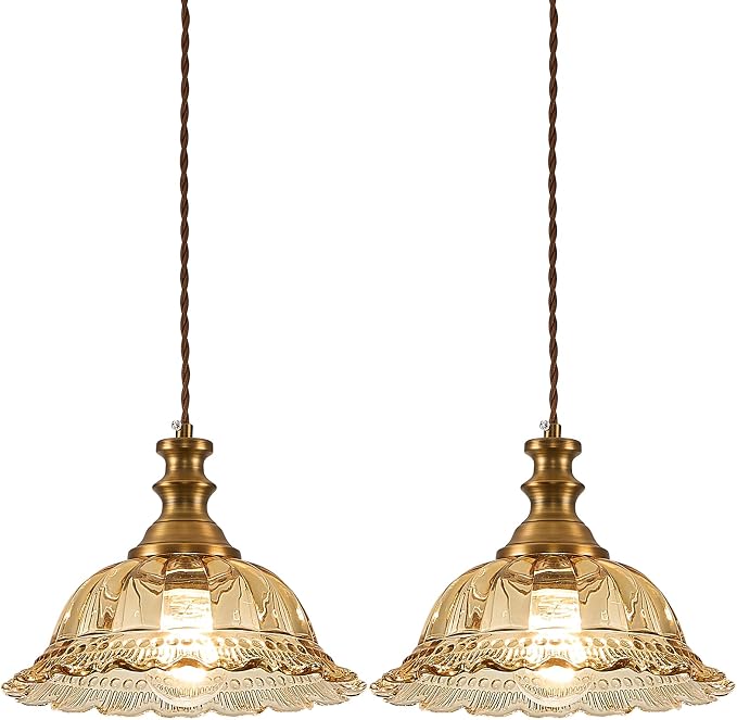 HDDFL Glass Pendant Lights Modern Pendant Lighting Fixtures Hanging Lamp for Kitchen Island Bedroom Dining Room Coffee Shop Hallway Amber and Brass 2 Pack