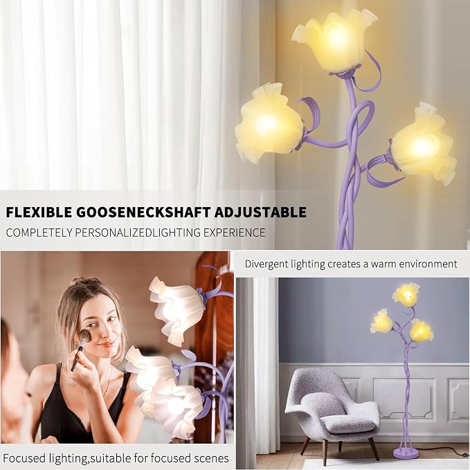 Flower Floor Lamp for Living Room, Tall Cute Reading Lamp with Flexible Neck Shaft for Bedroom Decor, Modern Corner Floor Lamps with 3-Color Temperatures LED Bulb (Purple)