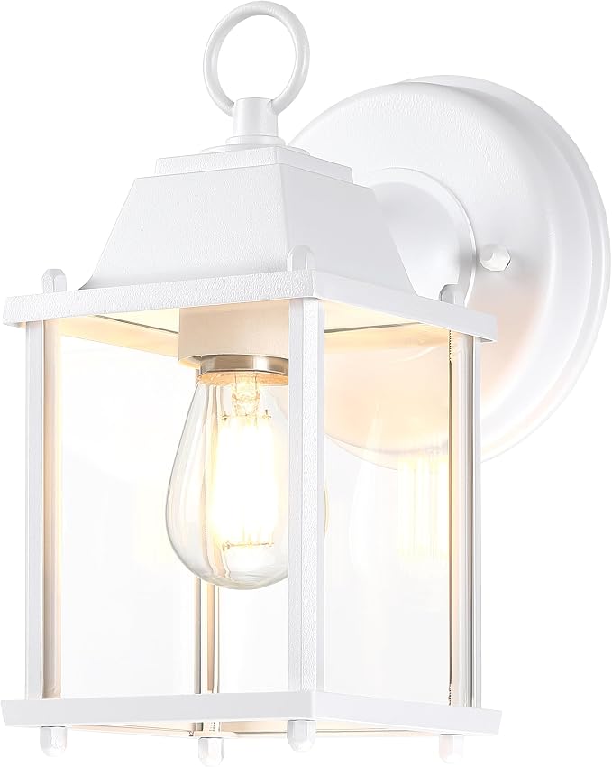 Outdoor Wall Light Fixture, Rustproof Aluminum, Clear Glass | Exterior Porch Light Wall Sconce Lantern for House, Patio, Garage, Waterproof, E26 Socket 60W Max, White, 1 Pack