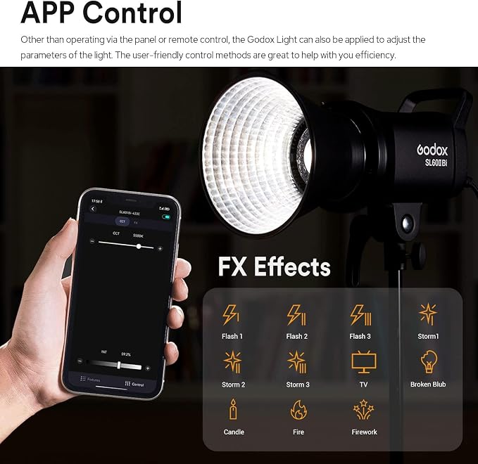 Godox SL60IIBi Bi-Color LED Video Light, 75W 25100Lux@1M CRI 96+ 11 FX Effects APP Control Bowens Mount Photography Continuous Light for Photography&Video