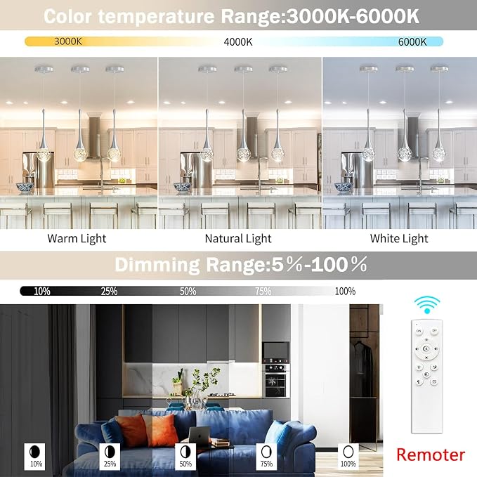 Modern Pendant Lights for Kitchen Island LED Dimmable Crystal Glam Ceiling Pendant Lighting for Dining Room Hallway Bedroom Corner Lamp Brushed Nickel