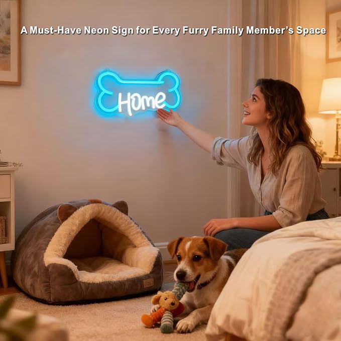 Pet home neon sign - Bone Shaped LED Light "HOME" with Dimmable USB Power, Dog Gifts & Dog Crate Accessories for Pet Room Decor, Safe Silicone & Acrylic Pet Neon Signs for Animal Lovers