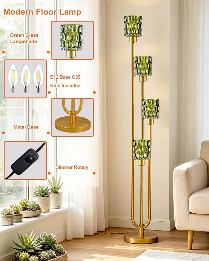 Vintage 4-Light Green Glass Floor Lamp, Dimmable Gold Standing Tall Lamp for Reading, Mid Century Modern Floor Lamp for Living Room Bedroom Home Office Corner Decor, Bulb Included