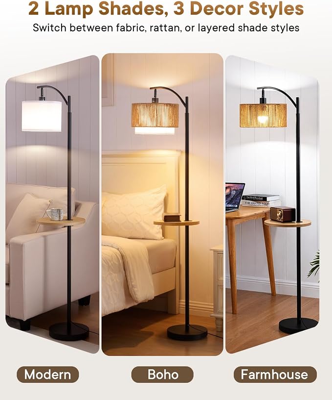 PESRAE Rattan Floor Lamp for Living Room with Side Table, Farmhouse Arc Floor Lamp with 3 Color Temperatures and Rattan & Fabric Lamp Shades, Boho Standing Lamp for Living Room, Bedroom Corner