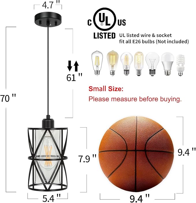 Black Pendant Lights Kitchen Island, Pendant Light with Clear Glass Shade, Modern Hanging Light Fixture, Adjustable Cord Length, Easy Install, Ceiling Light for Kitchen Island, Foyer, Dining Room