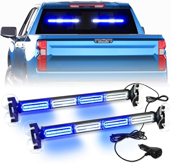 2x17.7 Emergency Dash Lights Interior Windshield Strobe Volunteer Firefighter Lights Warning Hazard Safety Front/Rear Deck Split Mount for Vehicles Trucks Firefighter, Blue/White