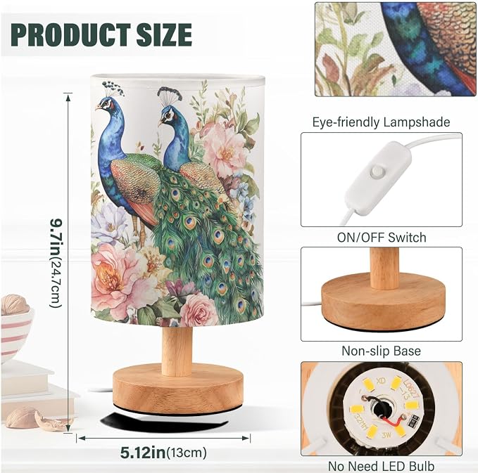 Fustylead Beautiful Peacocks and Flowers Bedside Table Lamps with USB Port for Bedroom Lamp Small Nightstand Lamp Sturdy Linen Shade Wooden Decorative Lamps for Living Room Home Dorm Kids
