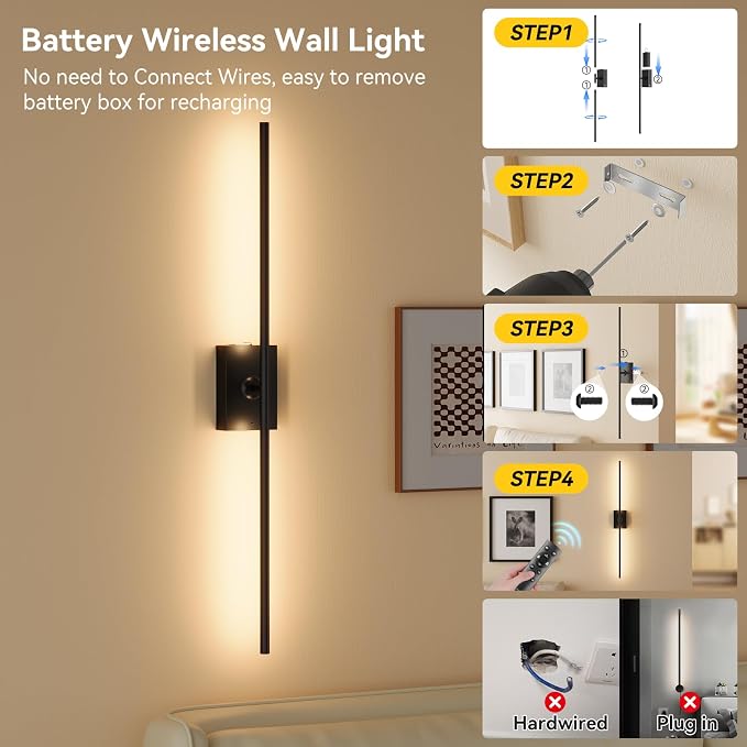 Battery Operated Wall Sconces Set of 2, 10000mAh Wireless Rechargeable 3000-6000K Dimmable 350° Rotate Wall Light with Remote for Living Room, Bedroom 23.6in Black