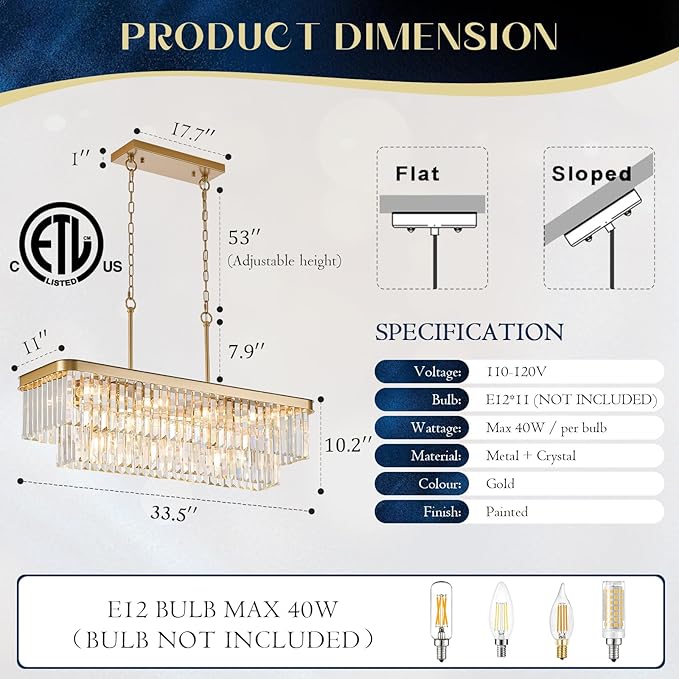 Rectangular Crystal Chandeliers K9 Luxury Gold Chandelier L33.5” Rectangle Linear Pendant Light Fixtures 11 Lights Contemporary for Kitchen Island Dining Room Living Room Bar
