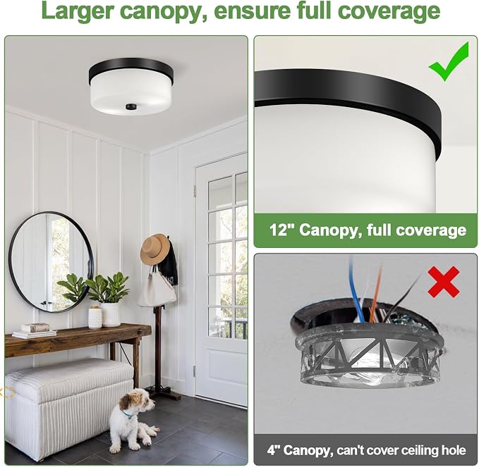 szzgco Black Flush Mount Ceiling Light Fixtures, 2-Light Ceiling Mount with Milky White Glass Lampshade, Industrial Flush Mount Light Fixture Farmhouse for Hallway, Kitchen, Entryway and Foyer