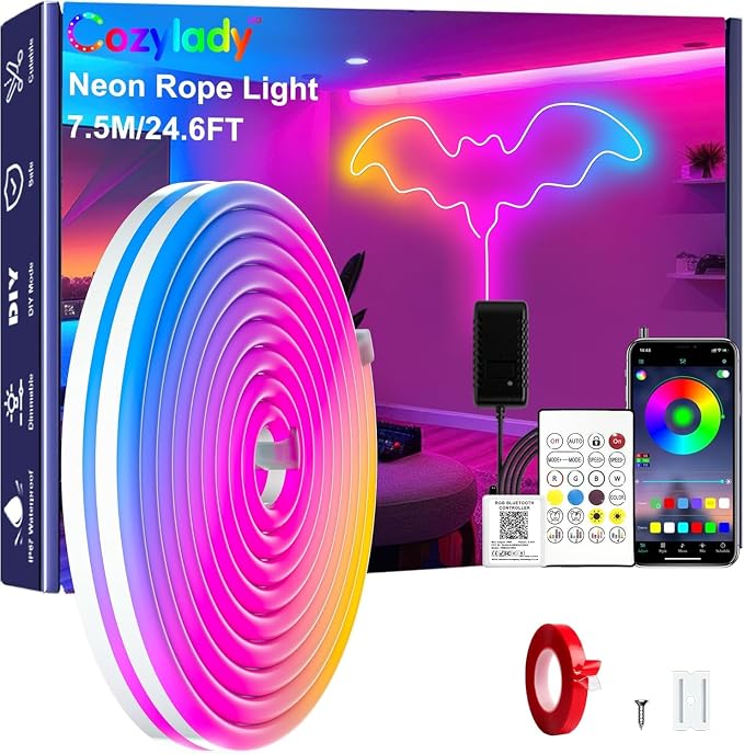 Cozylady RGB Neon Light LED Rope Light,Waterproof Bluetooth APP Remote Control Music Sync Strip Light,24V Flexible DIY Silicone Light for Bedroom Home Indoor Outdoor Decoration (25Ft/7.5M)