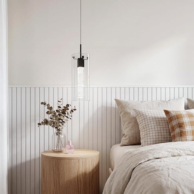 Pendant Lights Kitchen Island, 1 Pack 6500K LED Kitchen Lighting Crystal Island Light with Bubble Glass, Matte Black Kitchen Hanging Light Fixture Modern Pendant Ceiling Light Fixture