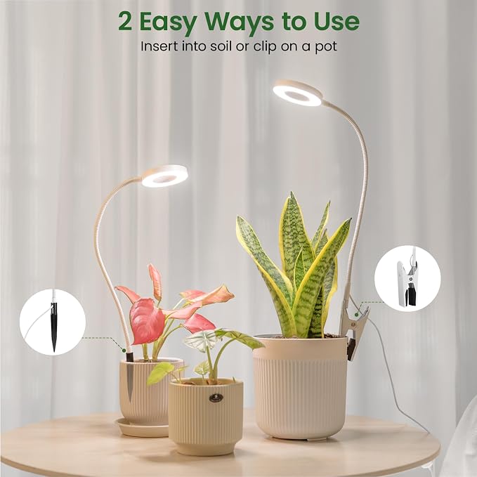LORDEM Grow Lights for Indoor Plants, 2 in 1 Full Spectrum Plant Light with 360° Gooseneck, 48 LEDs, Auto Timer 6/8/12/16H, 3 Lighting Modes,5 Brightness Levels for Small Plants, 2 Pack White